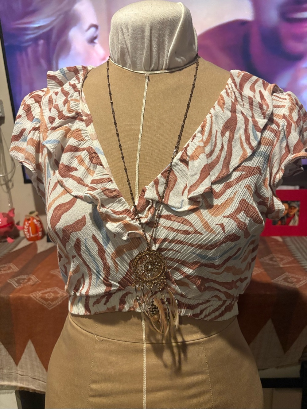 Sadie & Sage Rust and White Zebra Ruffle Crop Top